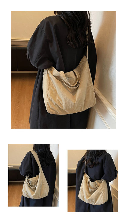 Lazy Style Nylon Crossbody Shoulder Bag Women Casual Large Capacity Bucket Tote Bag Lightweight Japan Style Simple Handbag