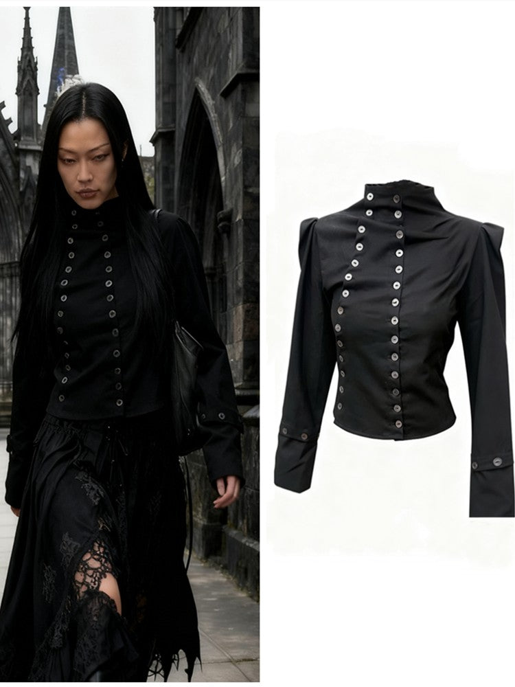 Women's Chic Buttons Cropped Shirt High Neck Solid Y2K Style Slim Fit Tops Grunge Streetwear Vintage Punk Fashion Causal Blouses