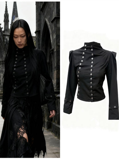 Women's Chic Buttons Cropped Shirt High Neck Solid Y2K Style Slim Fit Tops Grunge Streetwear Vintage Punk Fashion Causal Blouses