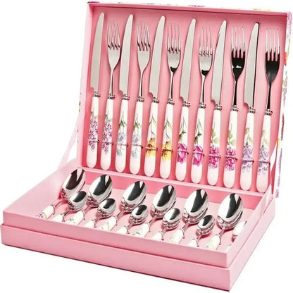 Conjunto de Talheres de 24 Peças com Cabo de Cerâmica e Facas, Garfos e Colheres de Aço Inoxidável em Caixa de Presente para Utensílios de Mesa e Jantar