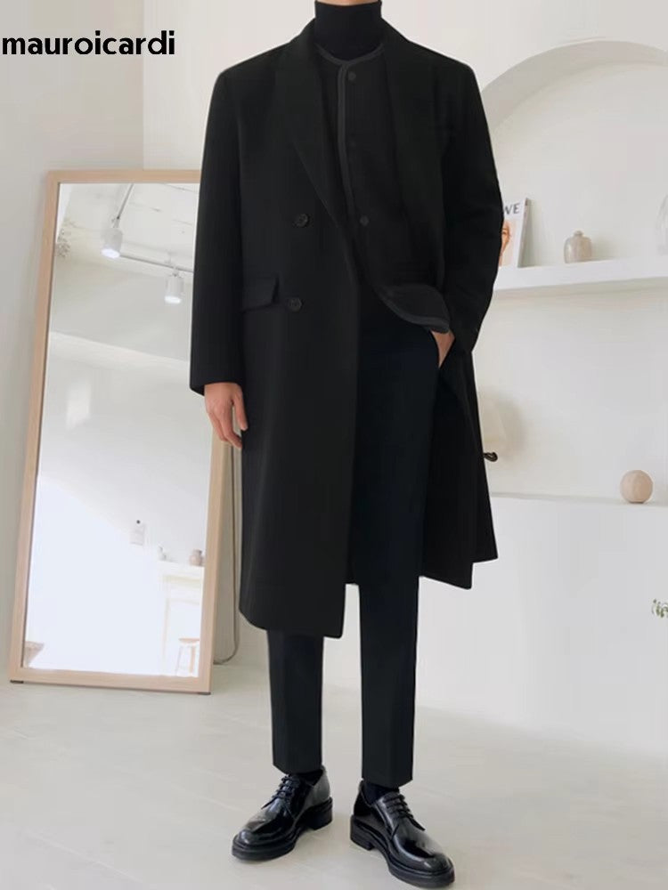 Mauroicardi Autumn Winter Long Warm Camel Black Woolen Coat Men Double Breasted Korean Style Wool Blends Overcoat with Back Slit