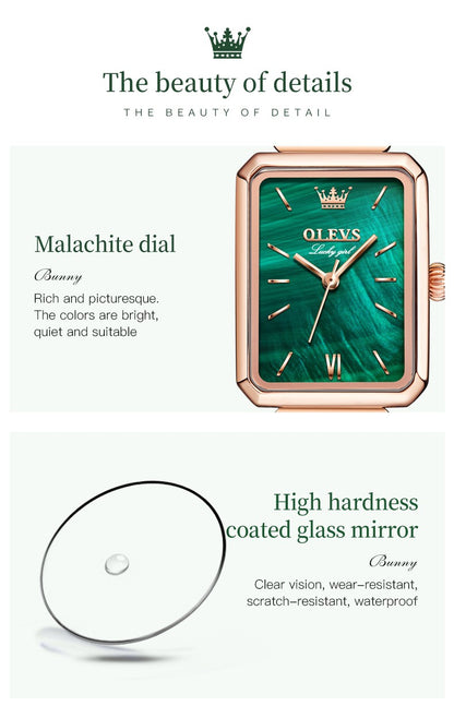 OLEVS 6624 Original Women Watch Luxury Top Green Square Waterproof Clock Fashion Elegant Brand Women Quartz Watch Reloj Mujer