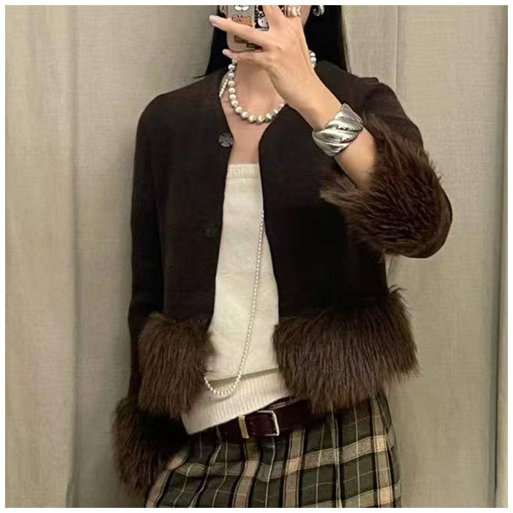 Ladies Coat With Plush Hem Faux Fur Single Breasted Patchwork Knitted Coat Autumn And Winter Daily Fashion Versatile Coat