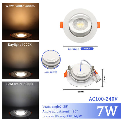 1-10pcs LED Change color 3 CCT 3000K 4000K 6000K LED Ceiling Spotlight embedded light 7W AC 110V 220V Adjust 90° lighting Spot
