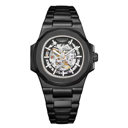 LONGLUX Relógio masculino automático mecânico de luxo à prova d'água esqueleto executivo barato atacado de aço inoxidável relógio de presente