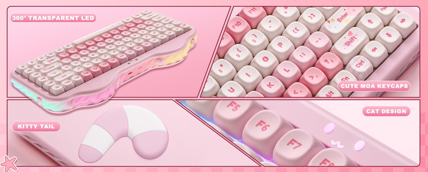 Teclado Mecânico Sem Fio Rosa YUNZII C75, Teclado RGB Hotswap Cremoso 75%, Suporte Gasket Design Cute Cake para Win/Mac/Gaming