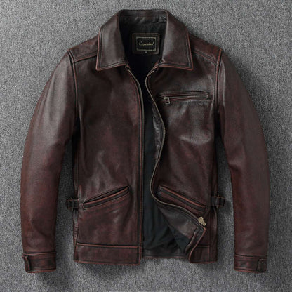 2025 New 1930s-Style Heavy Wash Leather Jacket for Men - Stone-Aged Vintage Distressed Full-Grain Cowhide Biker Coat