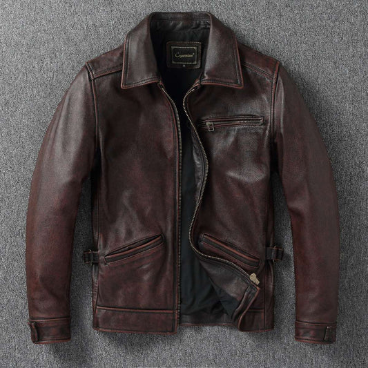 2025 New 1930s-Style Heavy Wash Leather Jacket for Men - Stone-Aged Vintage Distressed Full-Grain Cowhide Biker Coat
