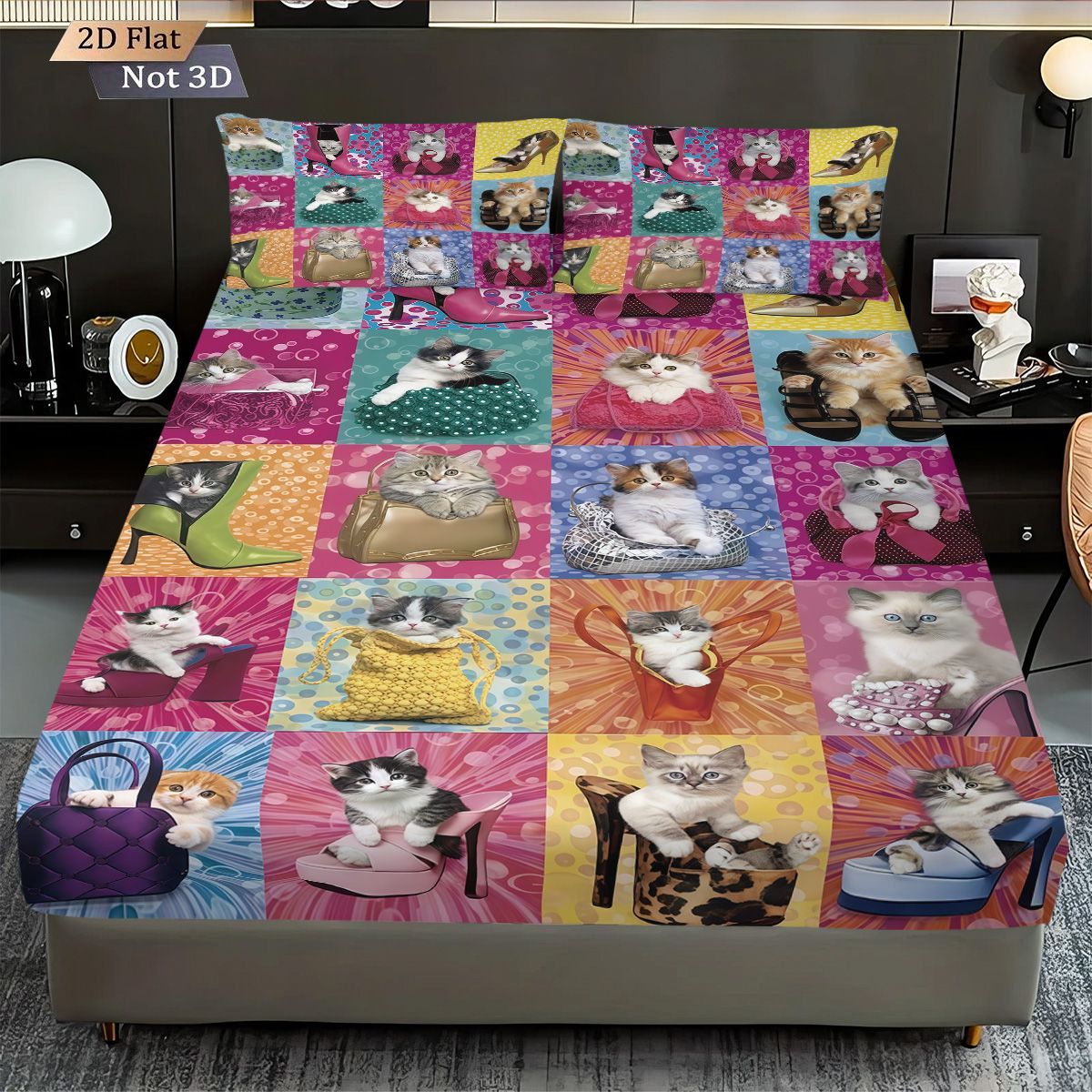 3pcs fabric splicing cute cat coreless bed sheet set, multi size bed cover bedroom bedding, holiday decoration, machine washable