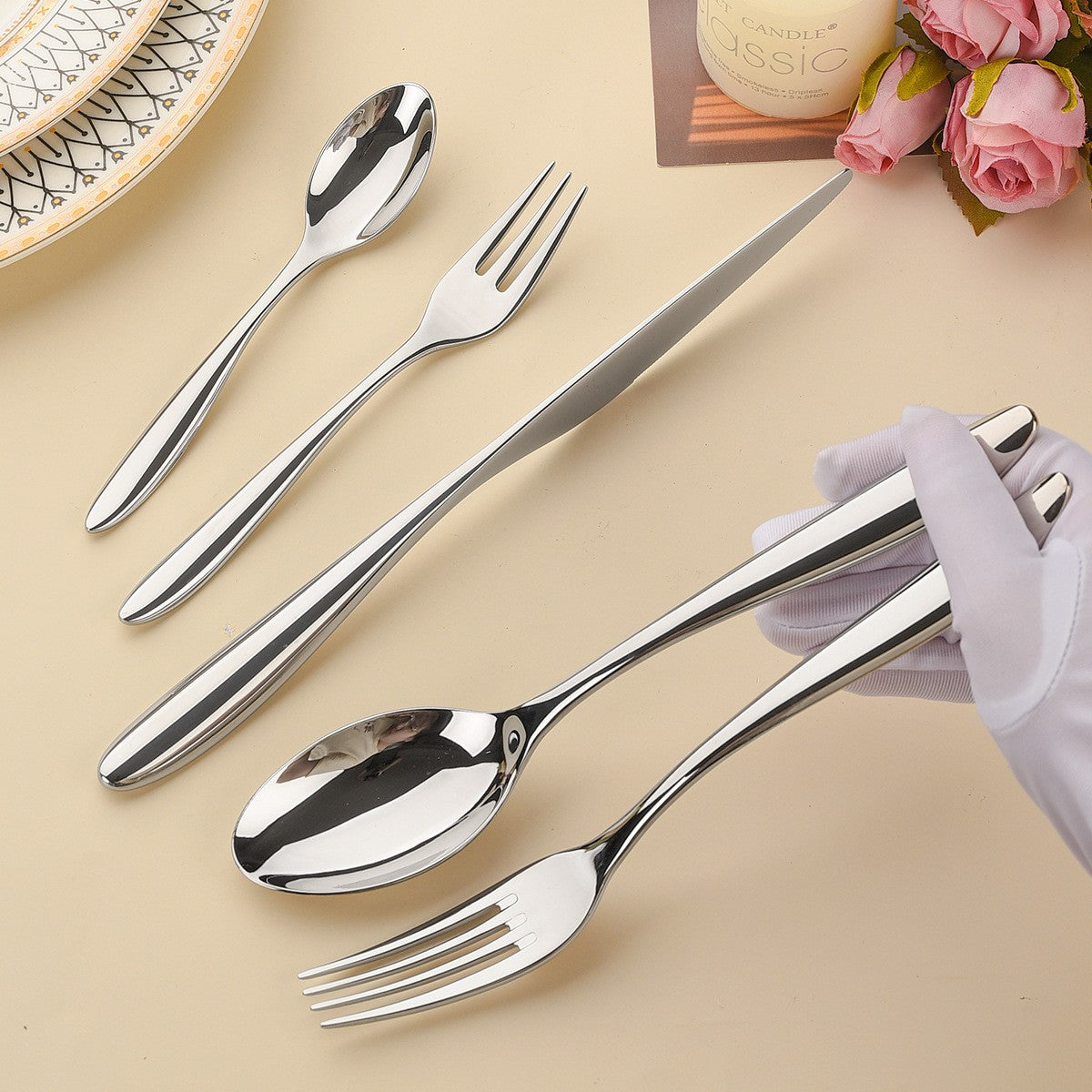 5Pcs 304 stainless steel tableware set steak knife fork cutlery set restaurant kitchen Home commercial high-end dinnerware