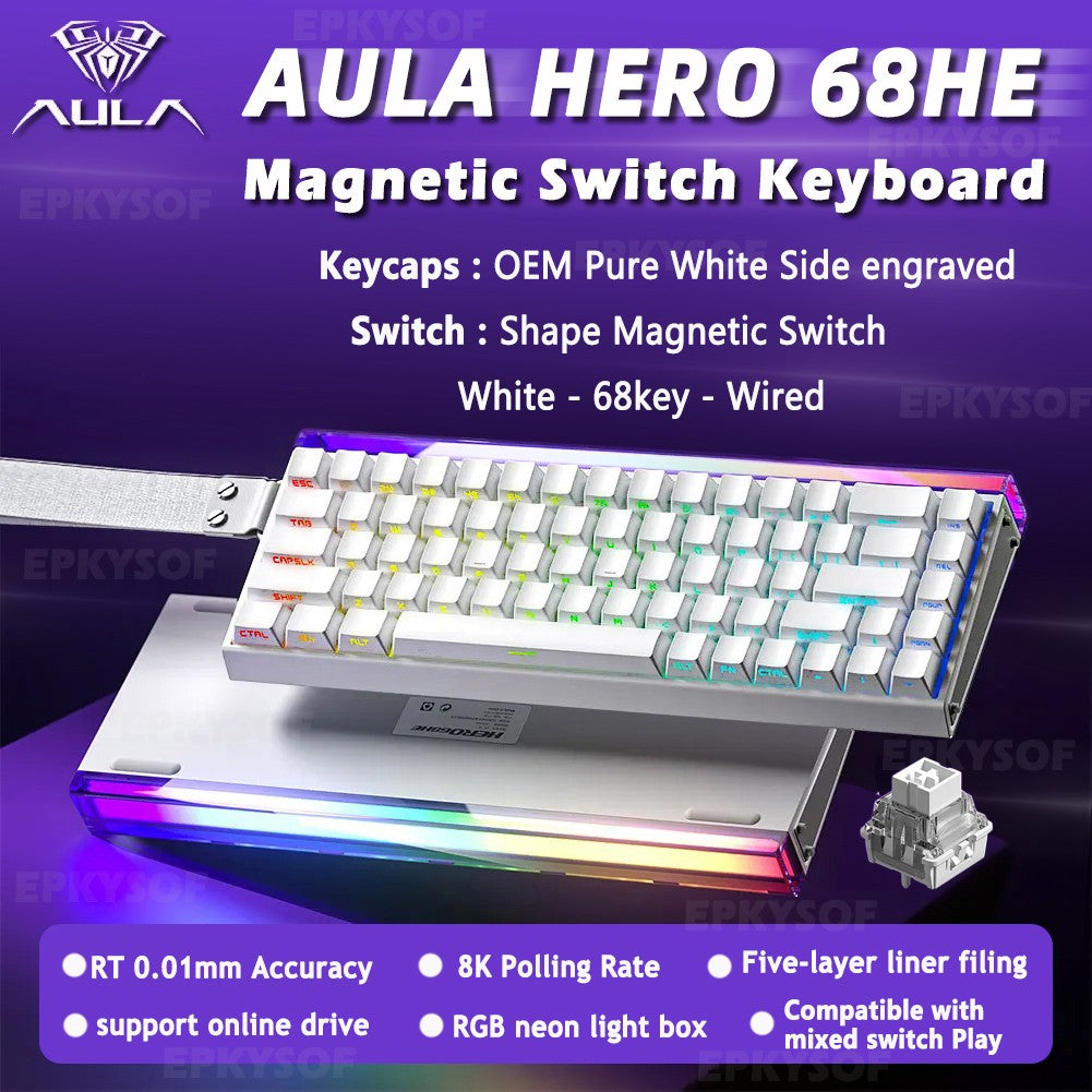 Teclado Mecânico para Jogos RGB com Switches Magnéticos AULA HERO 68HE Teclado para eSports com Acionamento Rápido e Retorno de 8K com Fio Personalizado