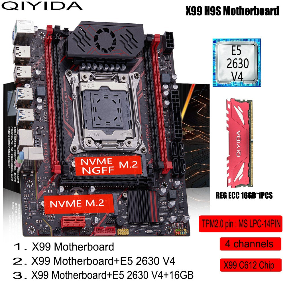 Kit Placa Mãe QIYIDA X99 H9S Com Processador Xeon E5 2630 V4 LGA2011-3 Memória RAM DDR4 16GB ECC REG NVME M.2 Interface TPM 2.0 SATA3