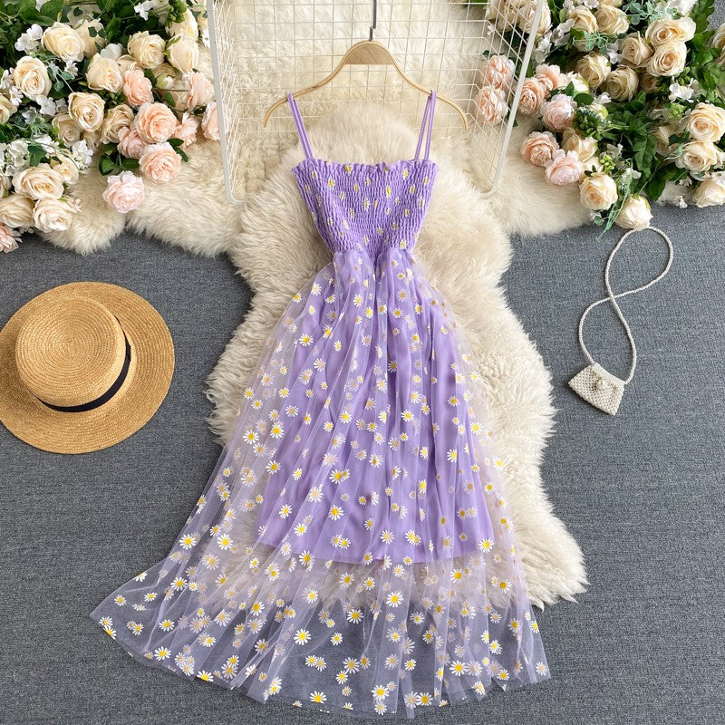 YuooMuoo Korean Fashion Daisy Flower Print Mesh Party Dress Summer Two Layers Sp