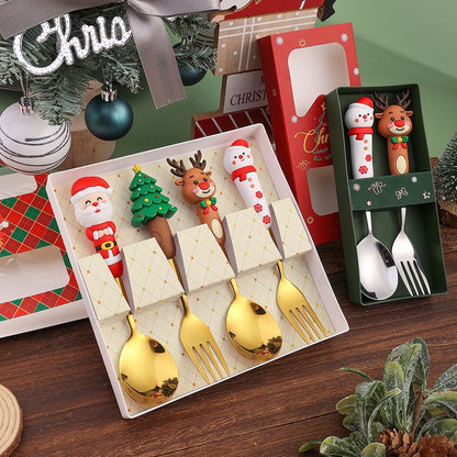4PCS Christmas Cutlery Set Playful Silver Spoon and Fork Combination Reindeer and Christmas Tree Decorative Cutlery Gift Box