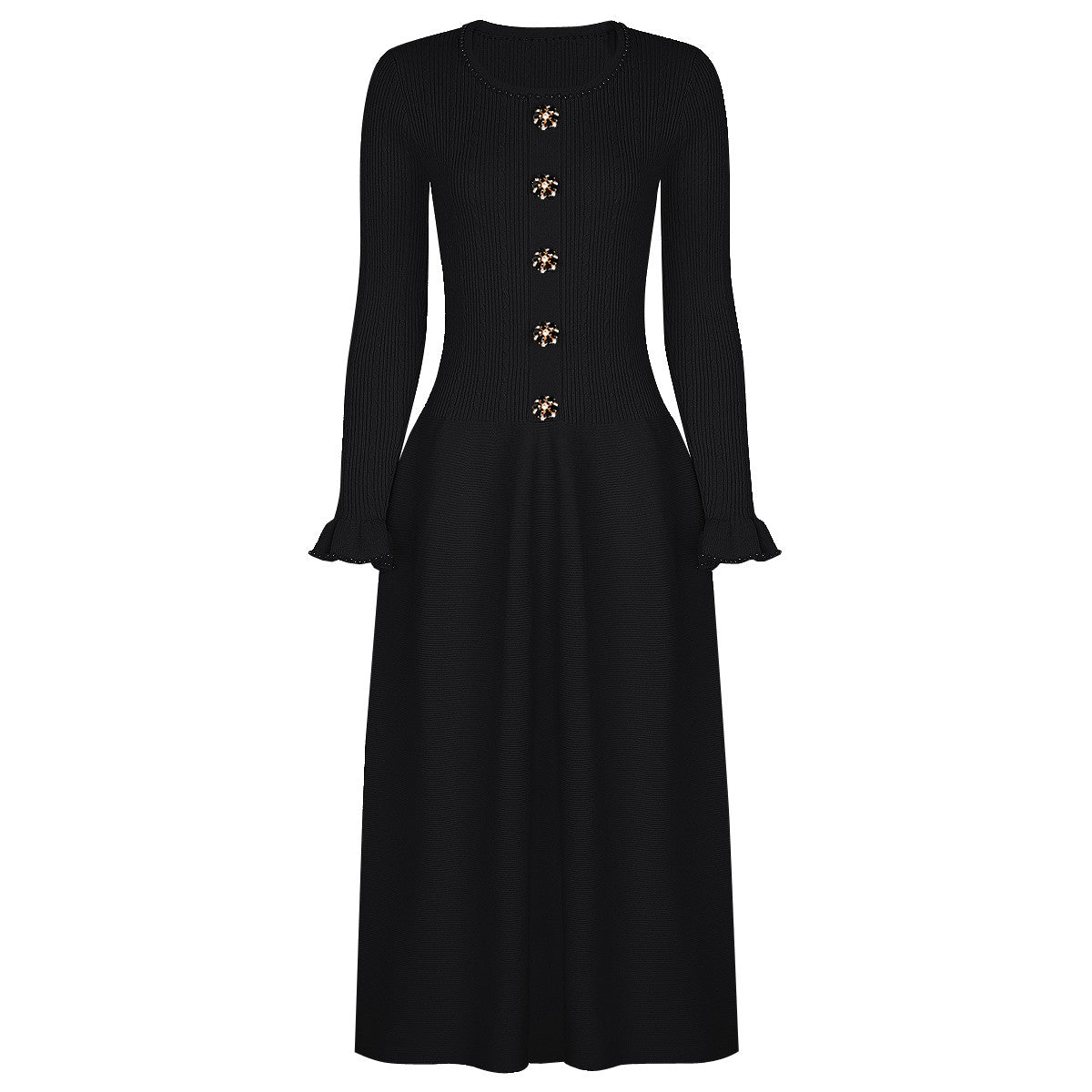 High Quality Spring And Autumn New Fashion Knitted Heavy Industry Pearl Slim Fit And Slimming Round Neck Long Sleeved Dress