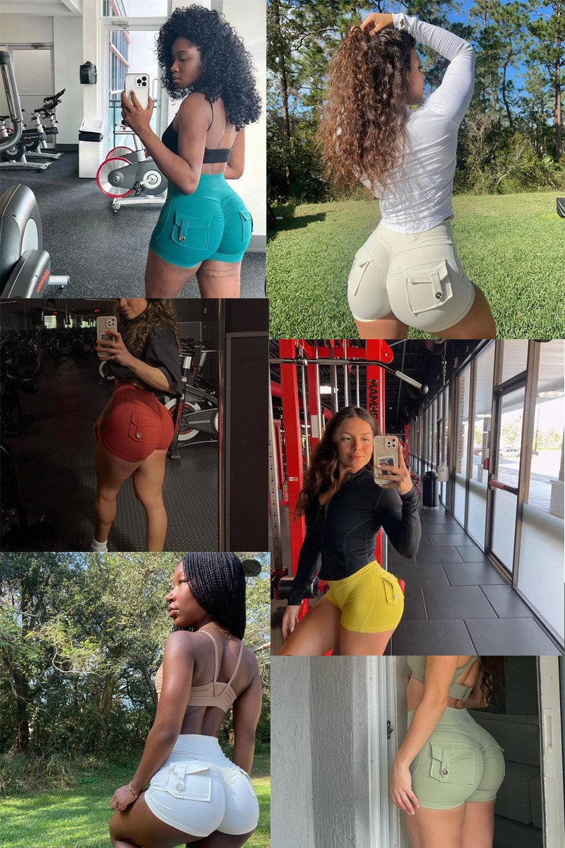 QINACTIVE Yoga Shorts for Women Pocket Scrunched Butt Gym Leggings High Waist Push Up Tights Sexy Booty Sports Shorts Fitness