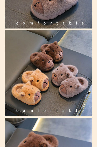 Capybara Children Slippers 2025 Winter New Cute Fluffy Cotton floor shoes woman Warm Indoor Cartoon Plush Floor Home Slippers