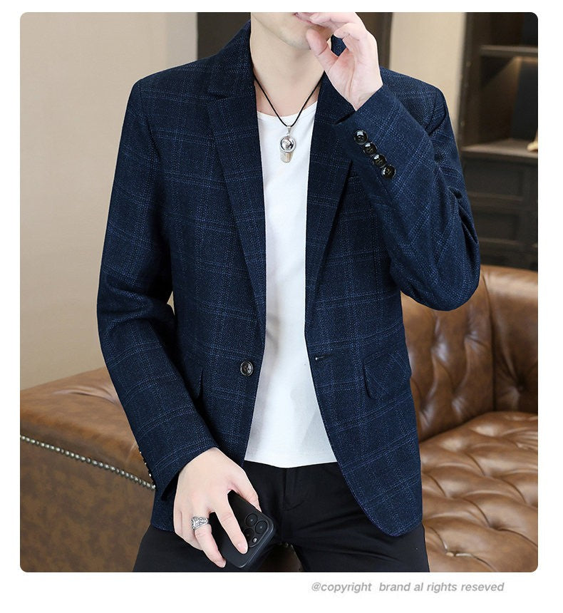 Blazer's New Men's Fashion Outdoor Travel Camping Youth Wedding Hosting Campus Slimming Casual Checkered Korean Version Blazer