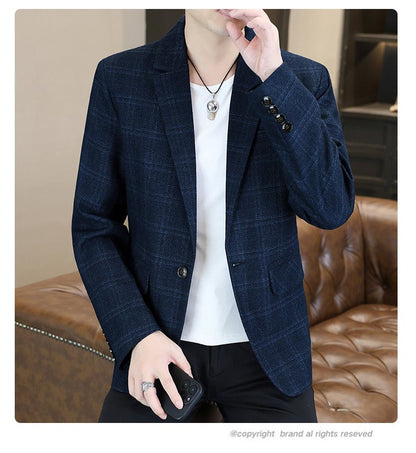 Blazer's New Men's Fashion Outdoor Travel Camping Youth Wedding Hosting Campus Slimming Casual Checkered Korean Version Blazer