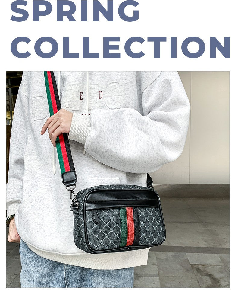 Casual Lightweight Sling Bag with Color Block Strap for Men PU Leather Messenger Bag Trend Wide Strap Crossbody Bags Designer