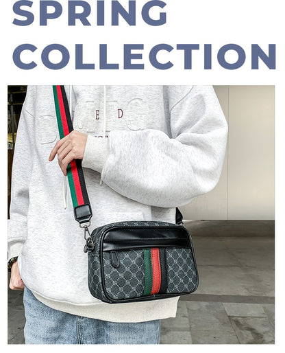 Casual Lightweight Sling Bag with Color Block Strap for Men PU Leather Messenger Bag Trend Wide Strap Crossbody Bags Designer