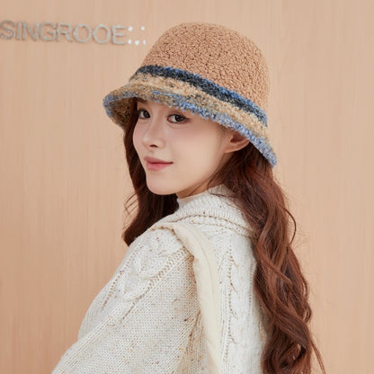 New Warm Luxury Bucket Hat For Women Plush Patchwork Autumn Winter Wool Felt Stripe Large Bucket Hat Colorful Faux Fur Hat Cap