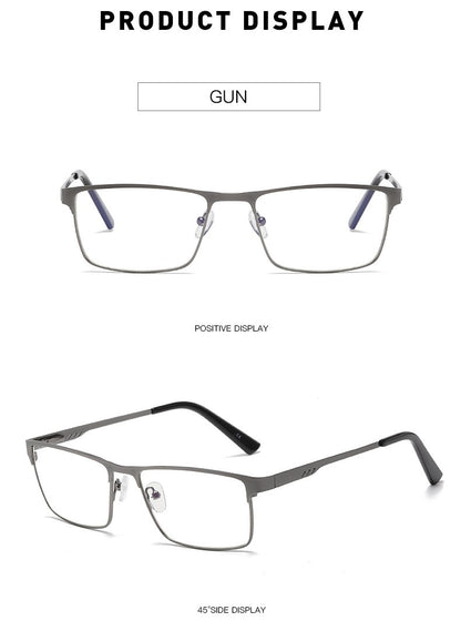 Óculos de Leitura Masculinos Retangulares de Metal com Armação Grande, Hastes Flexíveis, Óculos de Presbiopia para Idosos com Bloqueio de Luz Azul e Proteção para os Olhos