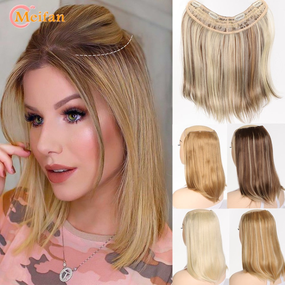 MEIFAN Peruca Sintética Longa e Lisa em U com Meia Cabeça para Mulheres, Clipes Pretos e Castanhos em Extensão de Cabelo, Apliques Naturais e Falsos