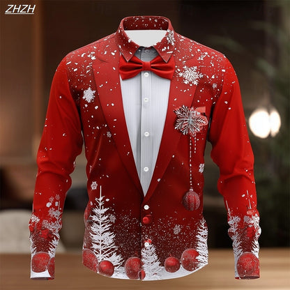 2025 Men's Christmas Snowflake Formal Shirt, 3D Printed Tie Design,Elegant Tuxedo Style,Holiday Party Wedding Attire,Spring Wear