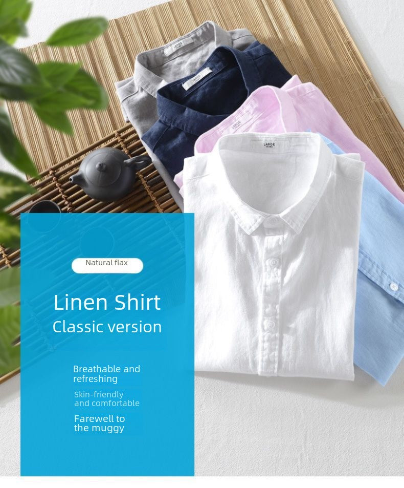 100% Linen Short Sleeve Shirt Men Cotton Linen Clothing Top Casual Summer Half Sleeve Shirt Loose Style Square Collar