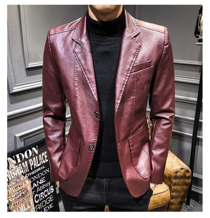 New Spring Men Slim Leather Blazers Jackets PU Leather Suits Coats Good Quality Male Business Casual Fit Suits Jackets Size 6XL