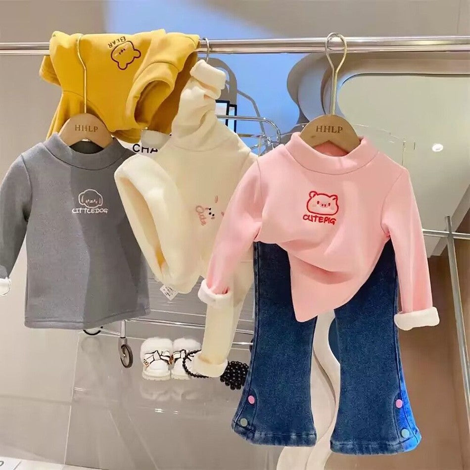 Warm and Cozy Unisex Children Fleece-Lined Base Layer Animal Sweatshirt Tops for Autumn and Winter Girls Cute Outerwear Clothes