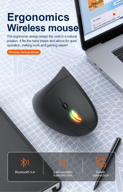 2.4GHz Bluetooth Wireless Mouse Rechargeable Vertical Mice Ergonomic 3Adjustable 1600DPI 6Buttons for Laptop PC Computer Desktop