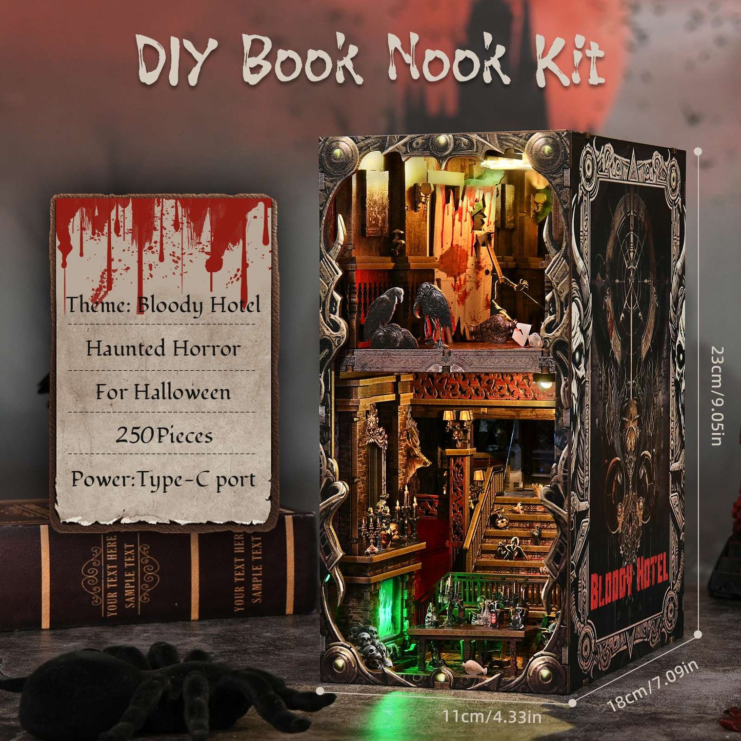 DIY Book Nook Kit Hotel of Terror Wooden Bookshop Dollhouse with Light Dynamic Video Bookshelf Insert 3D Puzzle Decor for Gift