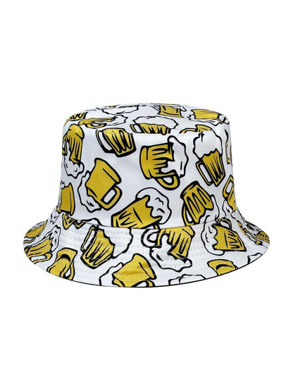 Beer Cheers Party Bucket Hat, Reversible Wear Foldable Lightweight Design,Cartoon Pattern Basin Hat,Unisex Casual Sun Hat for Beach and Festival Party Use