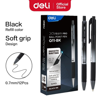 DELI Smooth Writing Ballpoint Pens 0.7mm Black and Blue Ink Pens 12PCS Pack of Retractable Ballpoint Pens for Office School Home