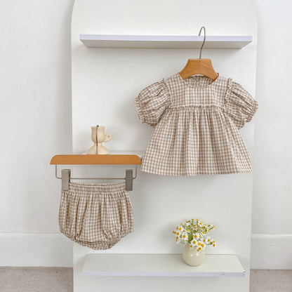 Girls Summer Fashion Set Children's Embroidered Grid Puff Sleeve Top+Shorts Two Piece Cute Baby Girls Clothes Set Baby Clothes