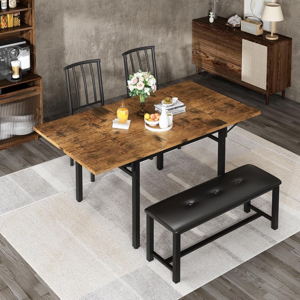 4-Piece Faux Wood Drop Leaf Dining Table with Storage Rack, Space Saving Breakfast Nook Table Set with 2 Backrest Chairs