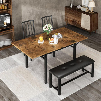 4-Piece Faux Wood Drop Leaf Dining Table with Storage Rack, Space Saving Breakfast Nook Table Set with 2 Backrest Chairs