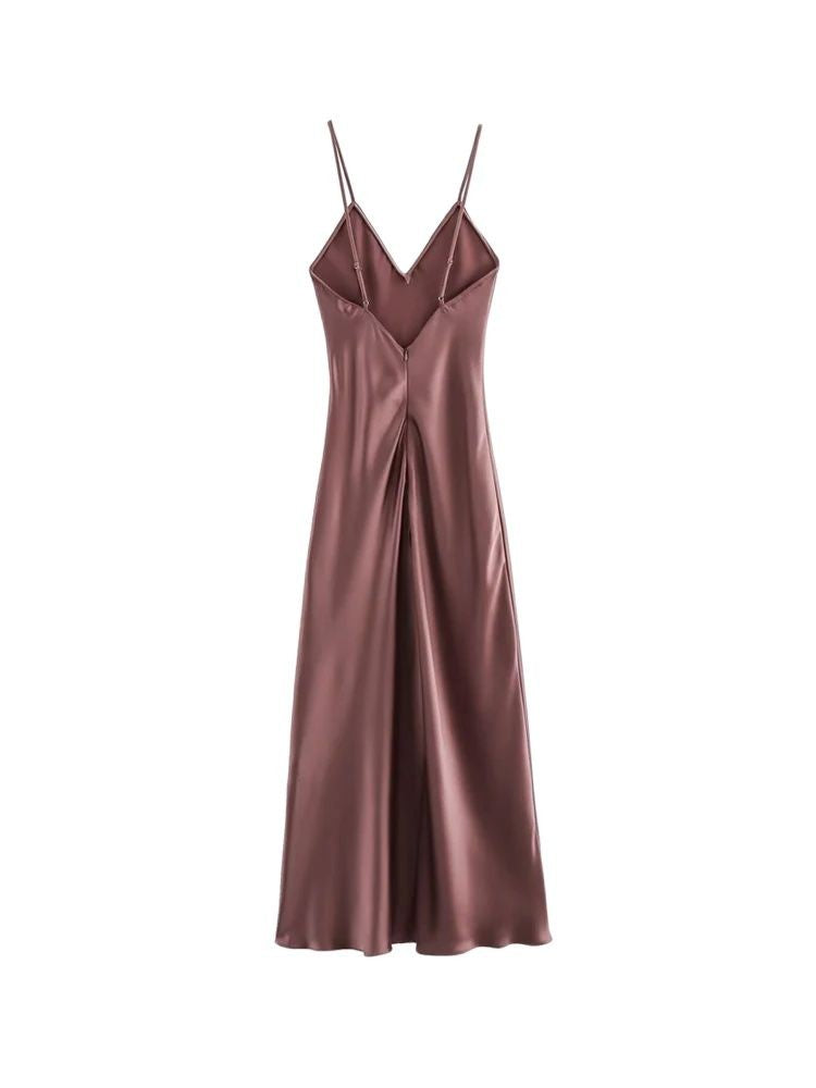 TRZA-Women's Satin Midi Dress, V Neck, Thin Straps, Backless, Female Dresses, Se