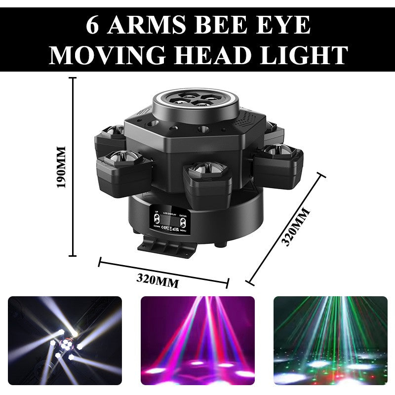 6-Arm Bee Eye Moving Head Dj Light 150W RGBW Stage Party Beam Light DMX512 Sound Activated Disco Lighting with Remoter