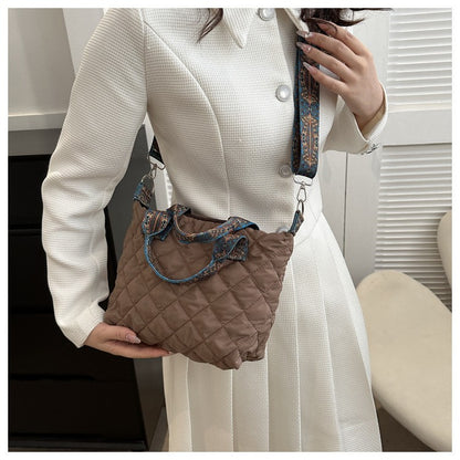 Women Wide Shoulder Belt Handbag Fall/Winter Rhombus Space Cotton Shoulder Bag Large Capacity All-Match Shopping Tote Bag