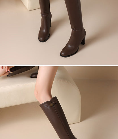 Ods Soft Cow Leather Black Knee High Boots Chunky Mid Heels Zipper Women's Long Boot Big Size Luxury Designer Sexy Shoes 4143 46