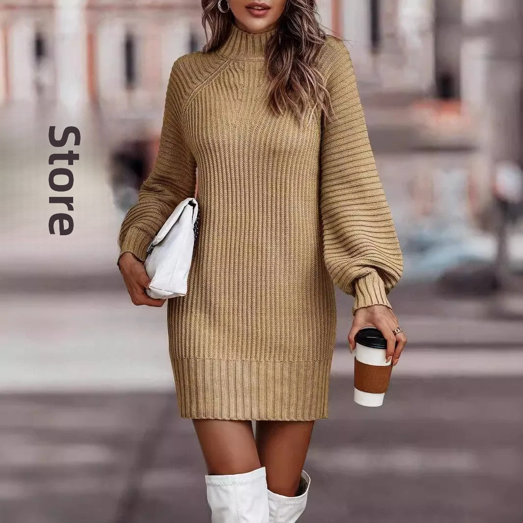 High Neck Long Sleeve Women's Knitted Dress Sweater Autumn Winter New Style Cross-Border Fashion Elegant Classy Female Garment