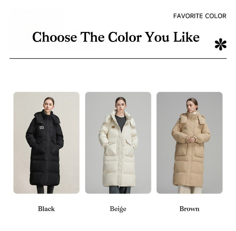 CLARKE QUEEN Long Down Jacket for Women Winter Duck Down Coat Hooded Over-the-Knee Casual Thickened Fitted Padded Puffer Coat