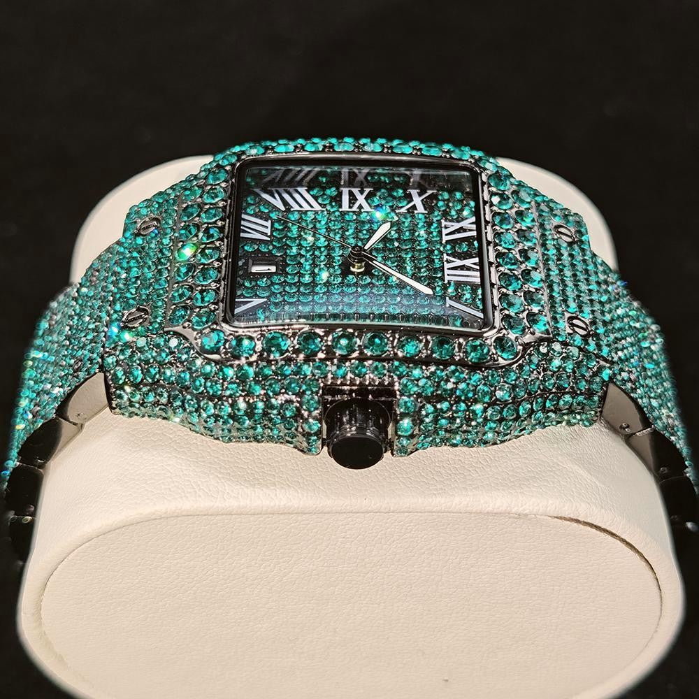 Green Diamond Watch For Men Brand UNIGUET Fashion Roman Literal Quartz Clock Man Hip Hop Iced Jewelry Square Wristwatch 2025 New