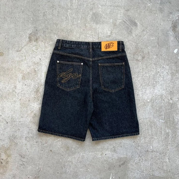 Y2K baggy denim shorts retro embroidered letter striped graphic zipper shorts men women clothing trendy hip hop streetwear