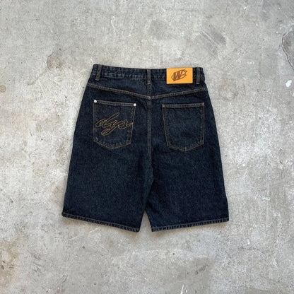 Y2K baggy denim shorts retro embroidered letter striped graphic zipper shorts men women clothing trendy hip hop streetwear