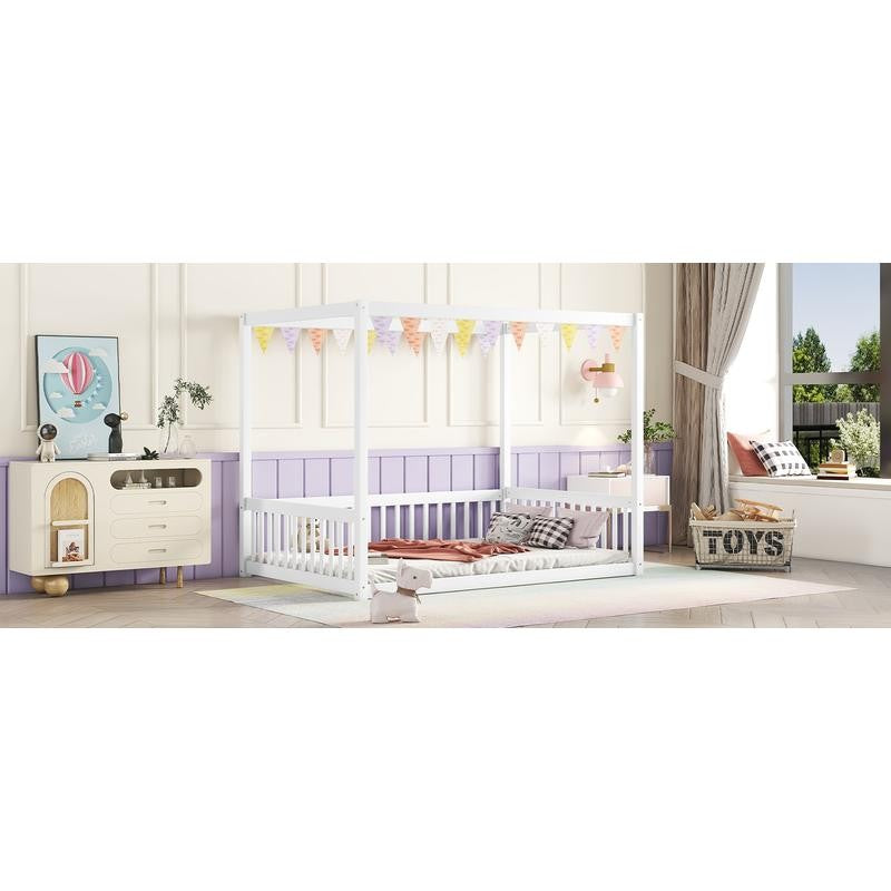 Full-Size Canopy Bed Frame with Safety Rails and Fence - White Finish