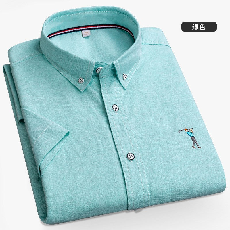 New Summer Short-sleeved Shirt Men's Solid Color Oxford Spinning Casual Embroidery Fashion Slim Shirt Short Men Drop Shipping